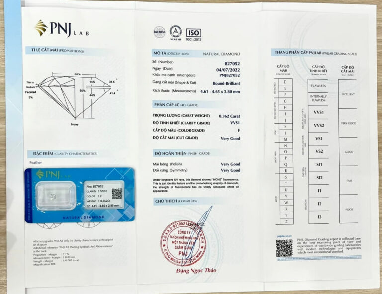 Giấy chứng nhận PNJ LAB cho viên kim cương rời 4.61-4.65 VVS1 - F DM00016