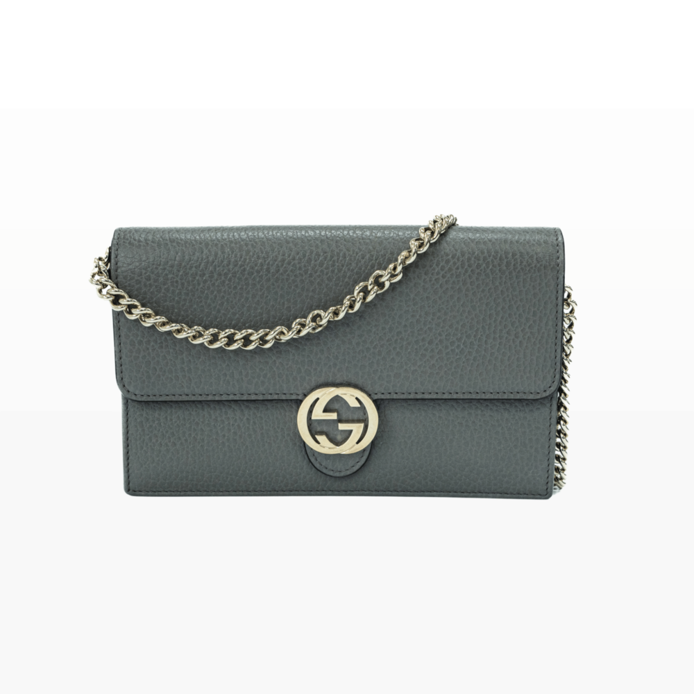 Gucci Grey Pebbled Leather Interlocking G Wallet On Chain Clutch Bag