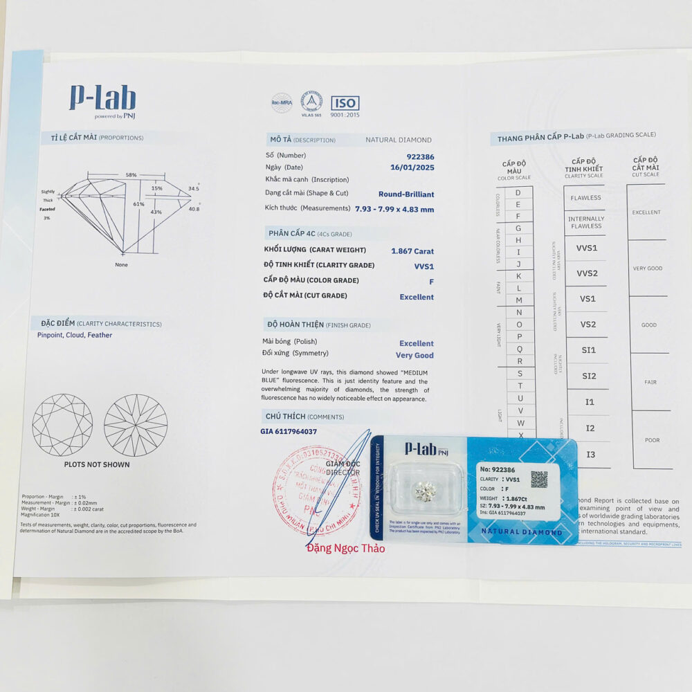 Kim cương viên 7,93 - 7,99 F VVS1 P-LAB NDT2501510