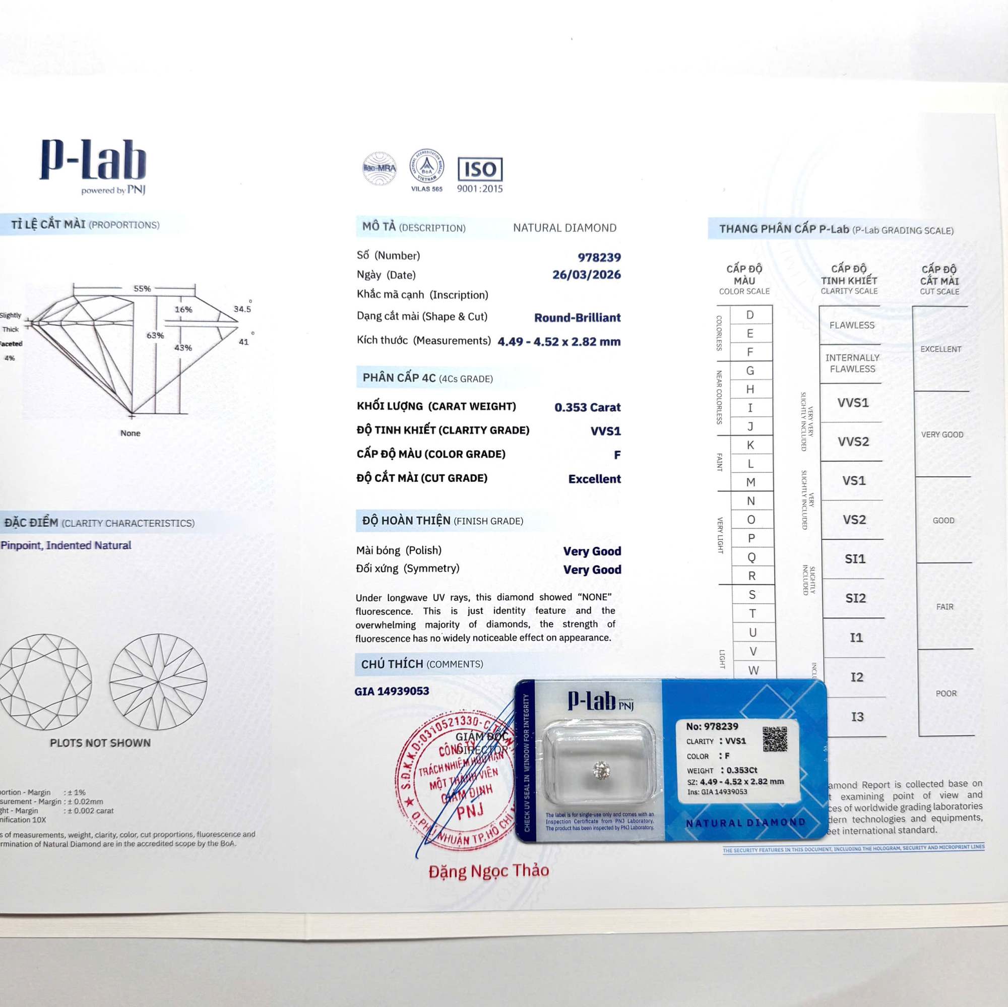 Kim cương viên 4.49 - 4.52 F VVS1 P-LAB DDD4016831 - Ảnh 3