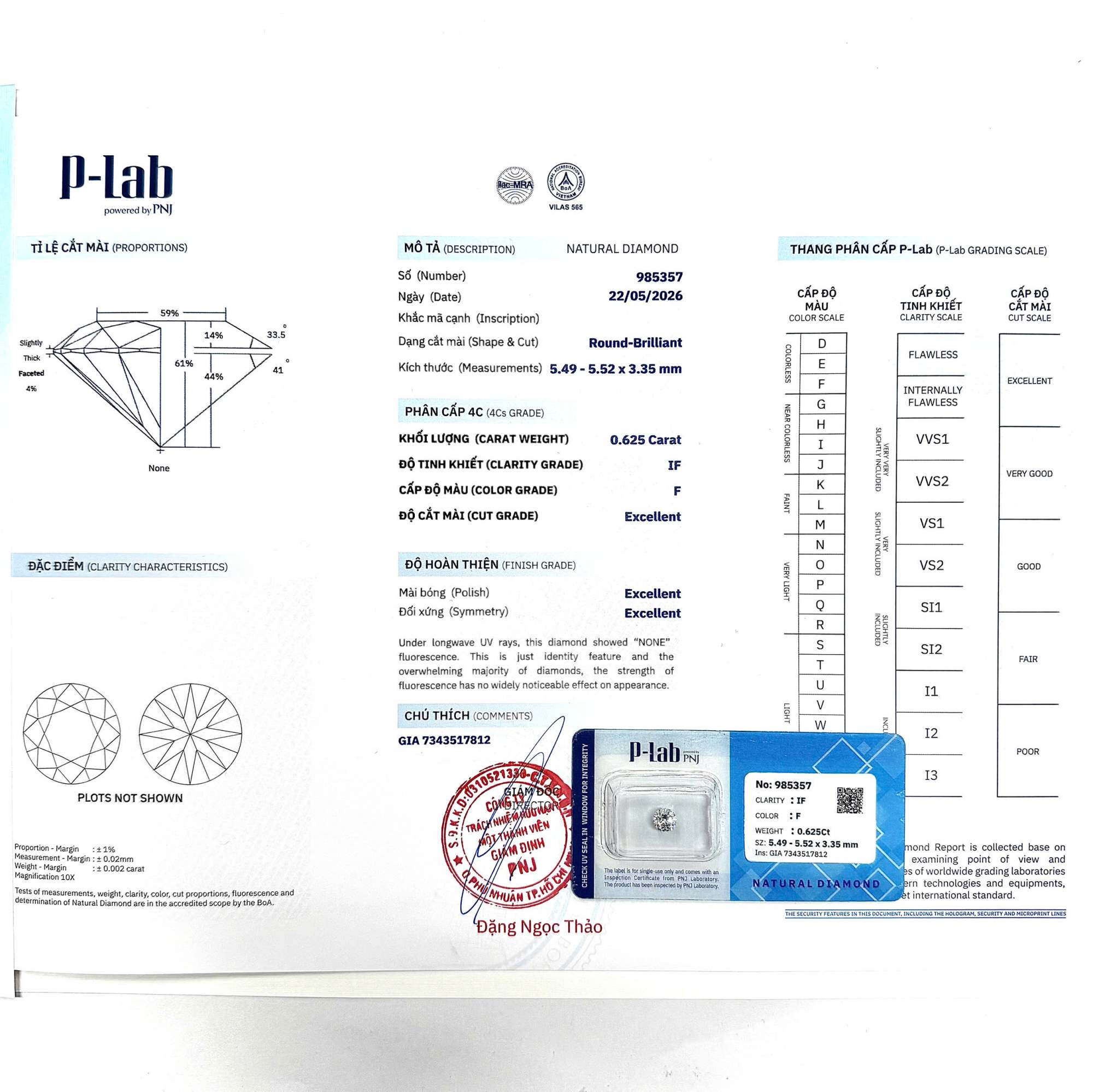 Kim cương viên 5.49 - 5.52 F IF P-LAB DDD4015785 - Ảnh 3