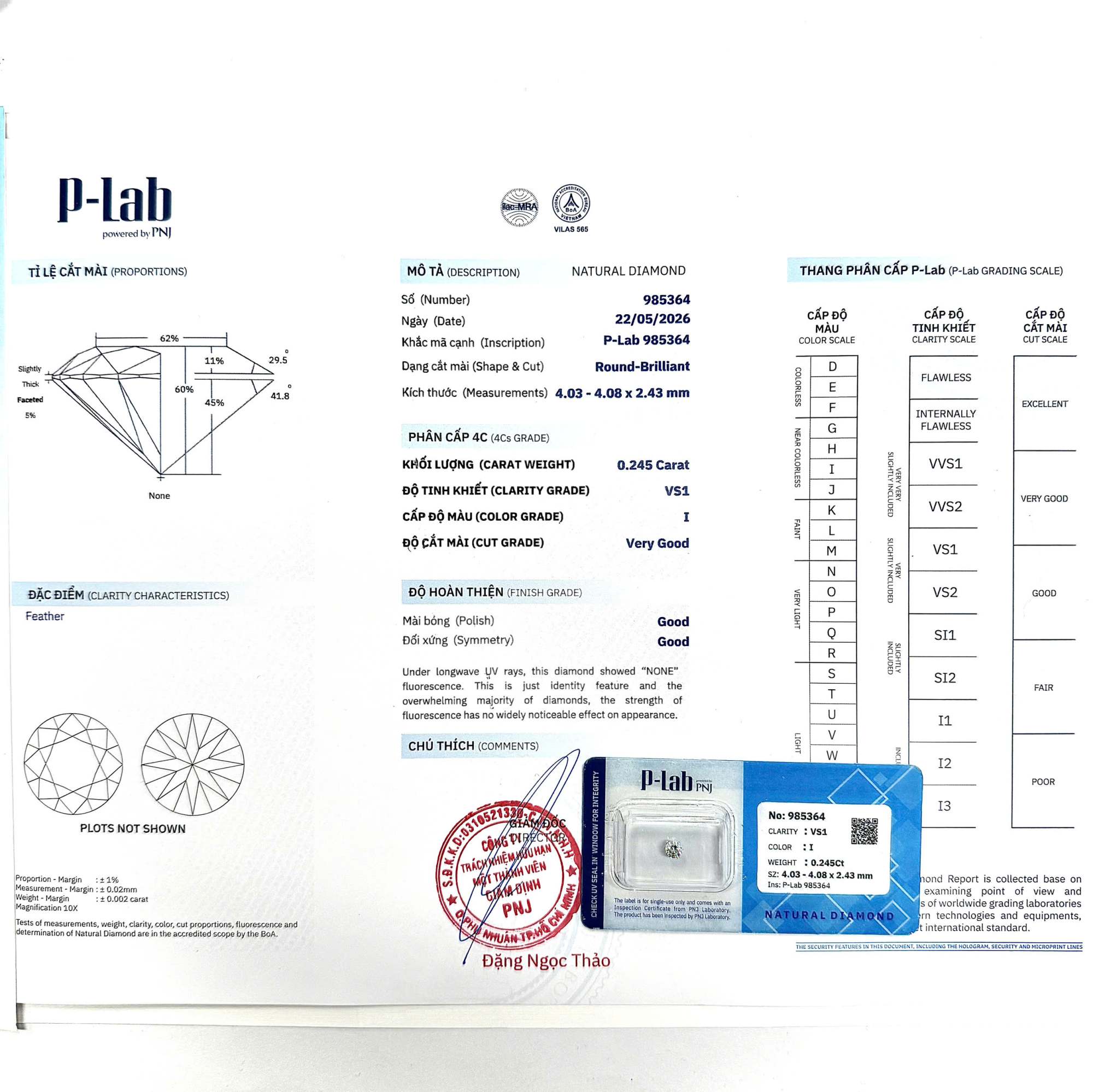 Kim cương viên 4.03 - 4.08 G VS1 P-LAB DDD4016531 - Ảnh 3