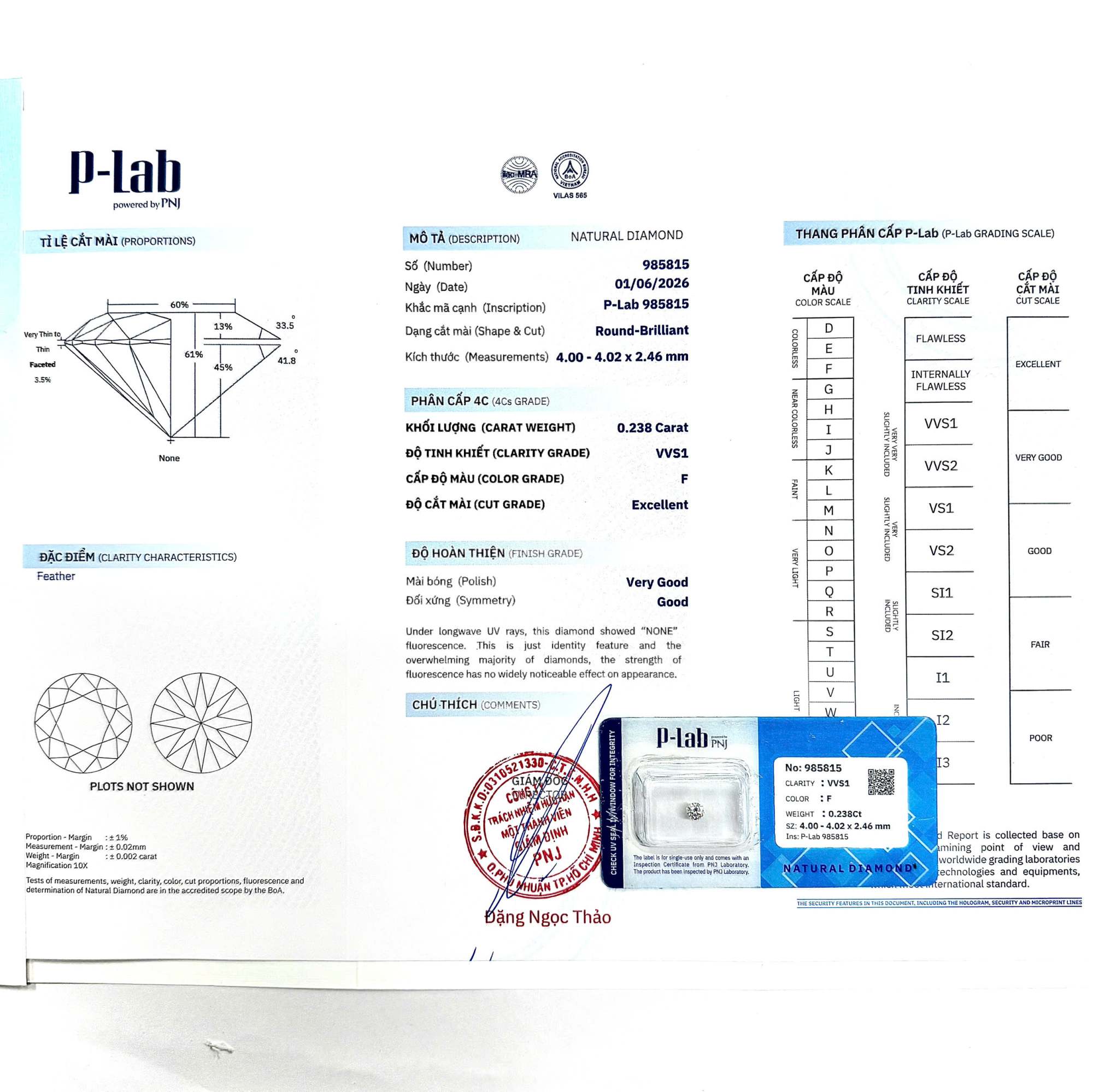 Kim cương viên 4.00 - 4.02 F VVS1 P-LAB DDD4017981 - Ảnh 3