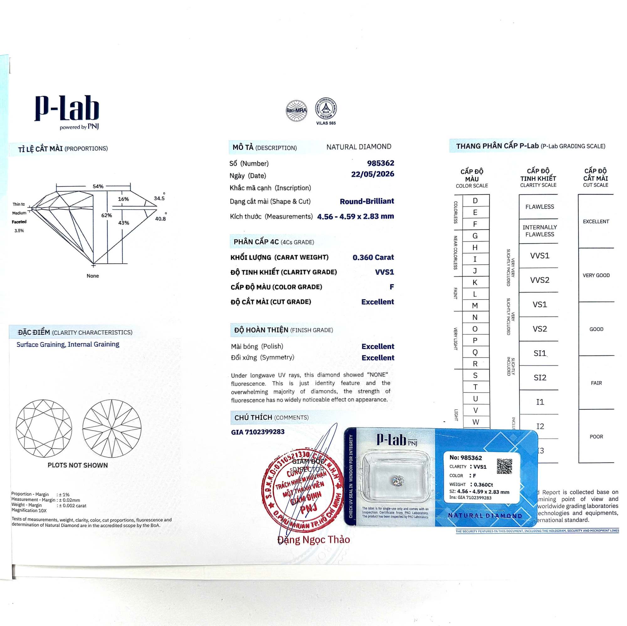 Kim cương viên 4.56 - 4.59 F VVS1 P-LAB DDD4018091 - Ảnh 3