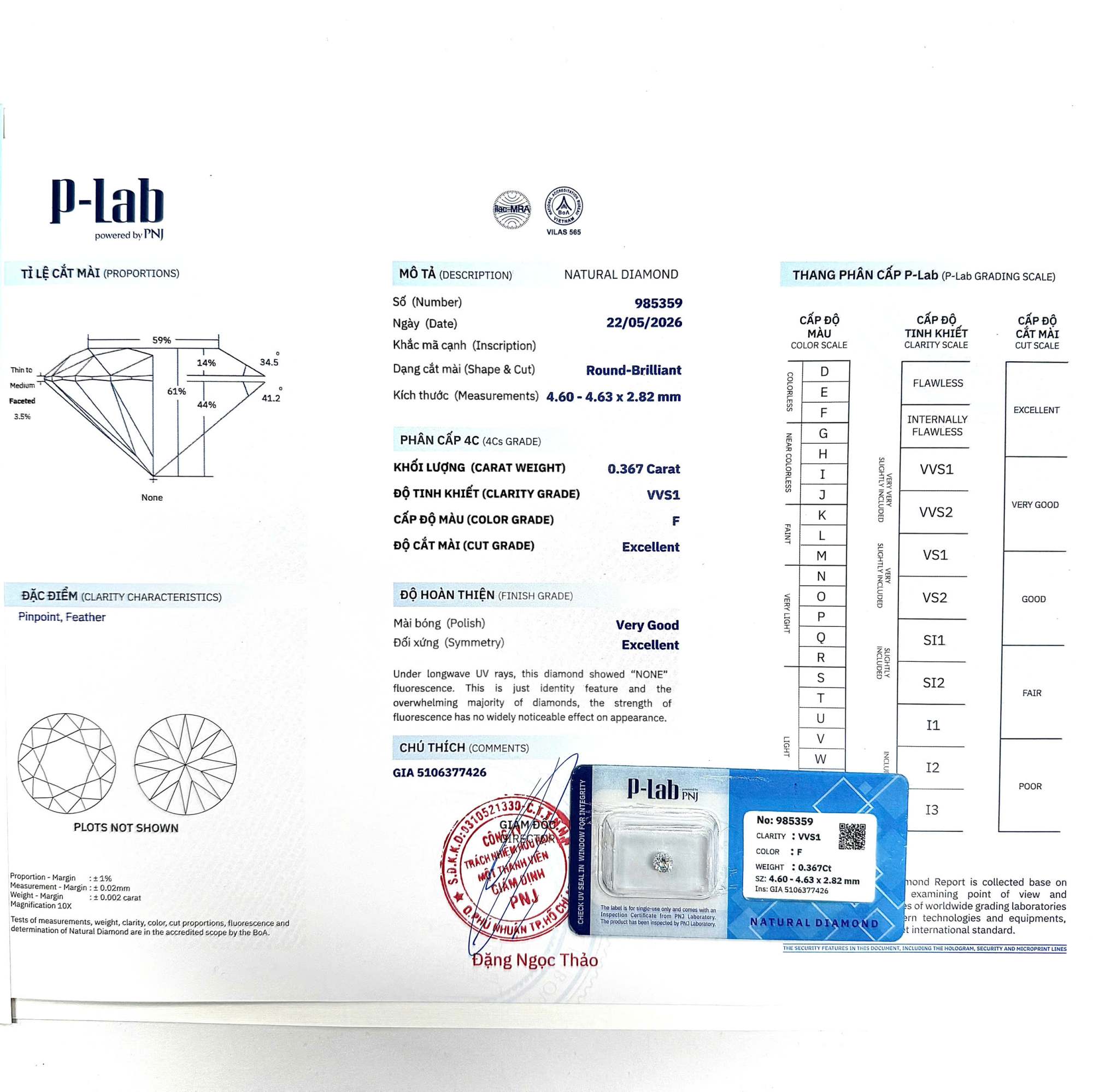 Kim cương viên 4.60 - 4.63 F VVS1 P-LAB DDD4018092 - Ảnh 3