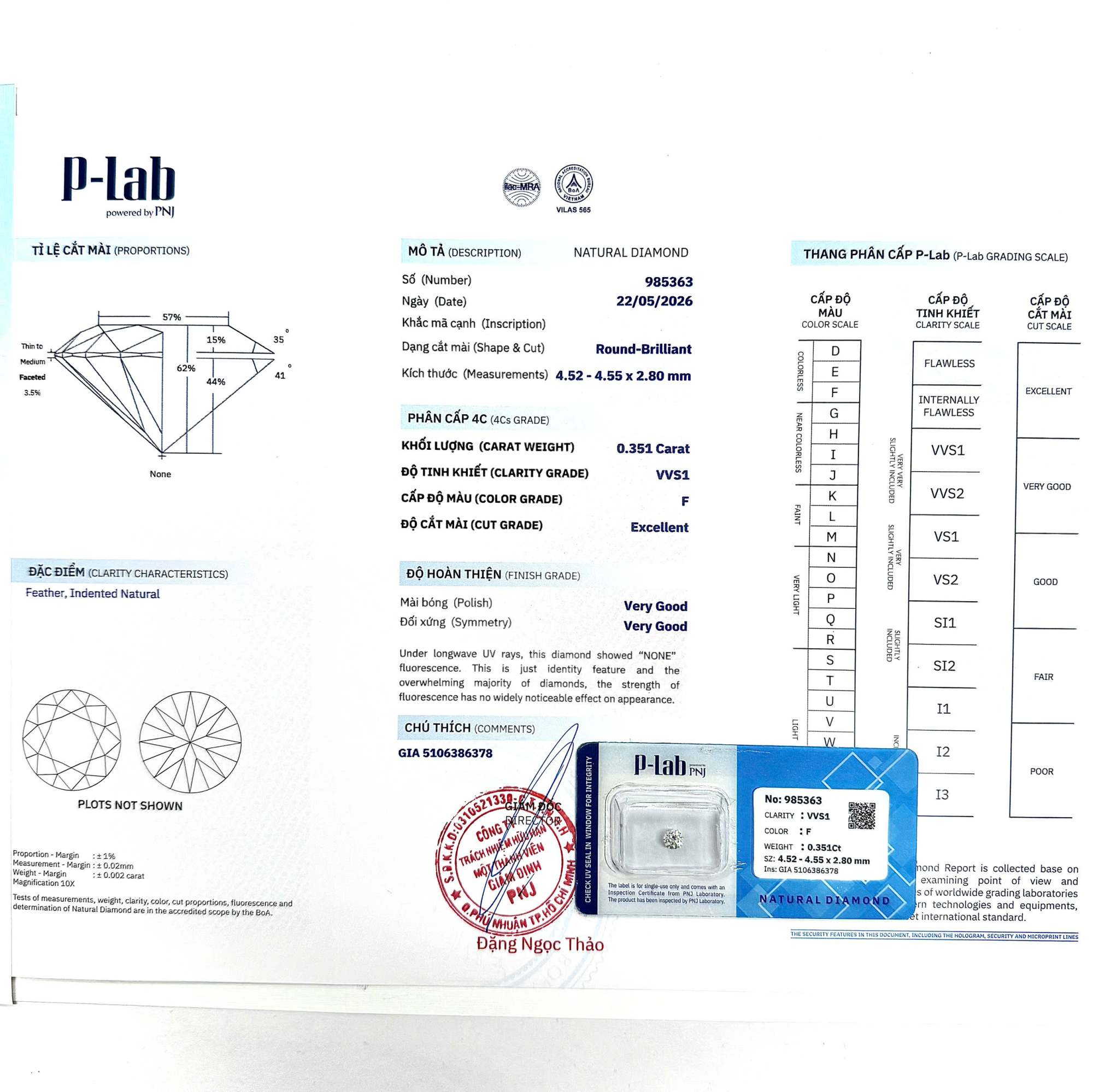 Kim cương viên 4.52 - 4.55 F VVS1 P-LAB DDD4018097 - Ảnh 3