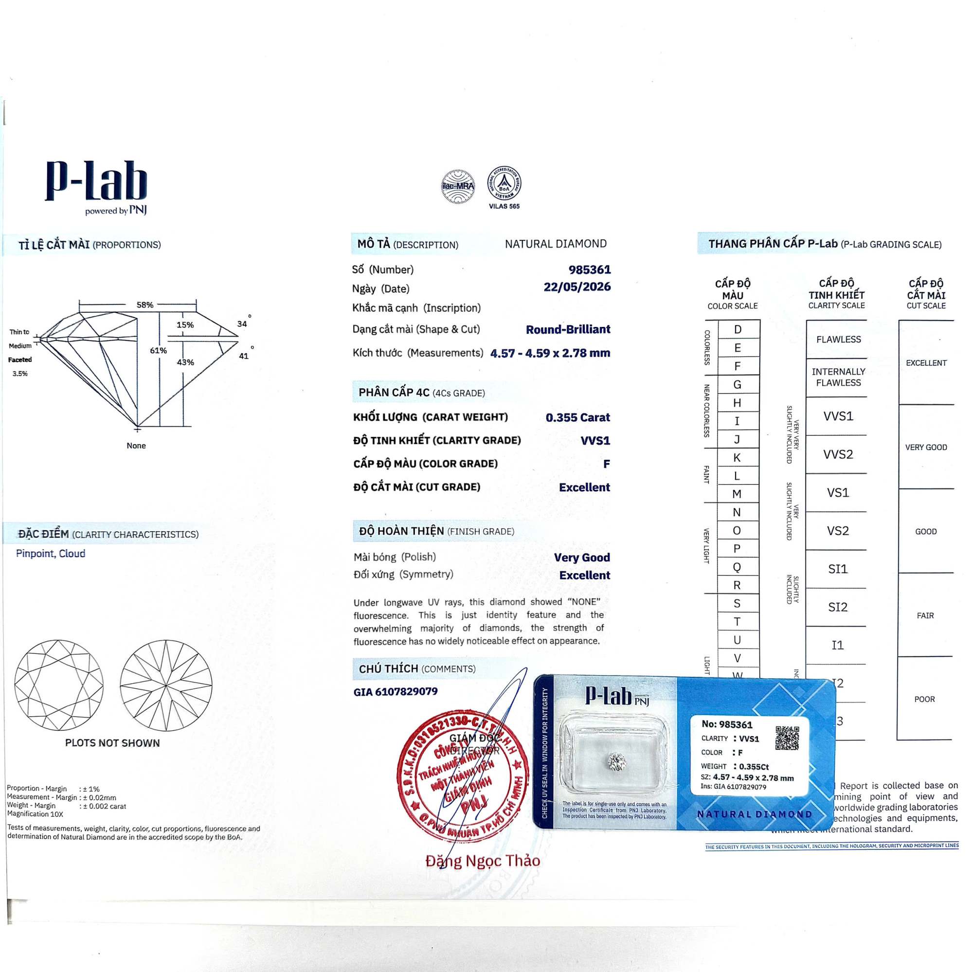 Kim cương viên 4.57 - 4.59 F VVS1 P-LAB DDD4018098 - Ảnh 3