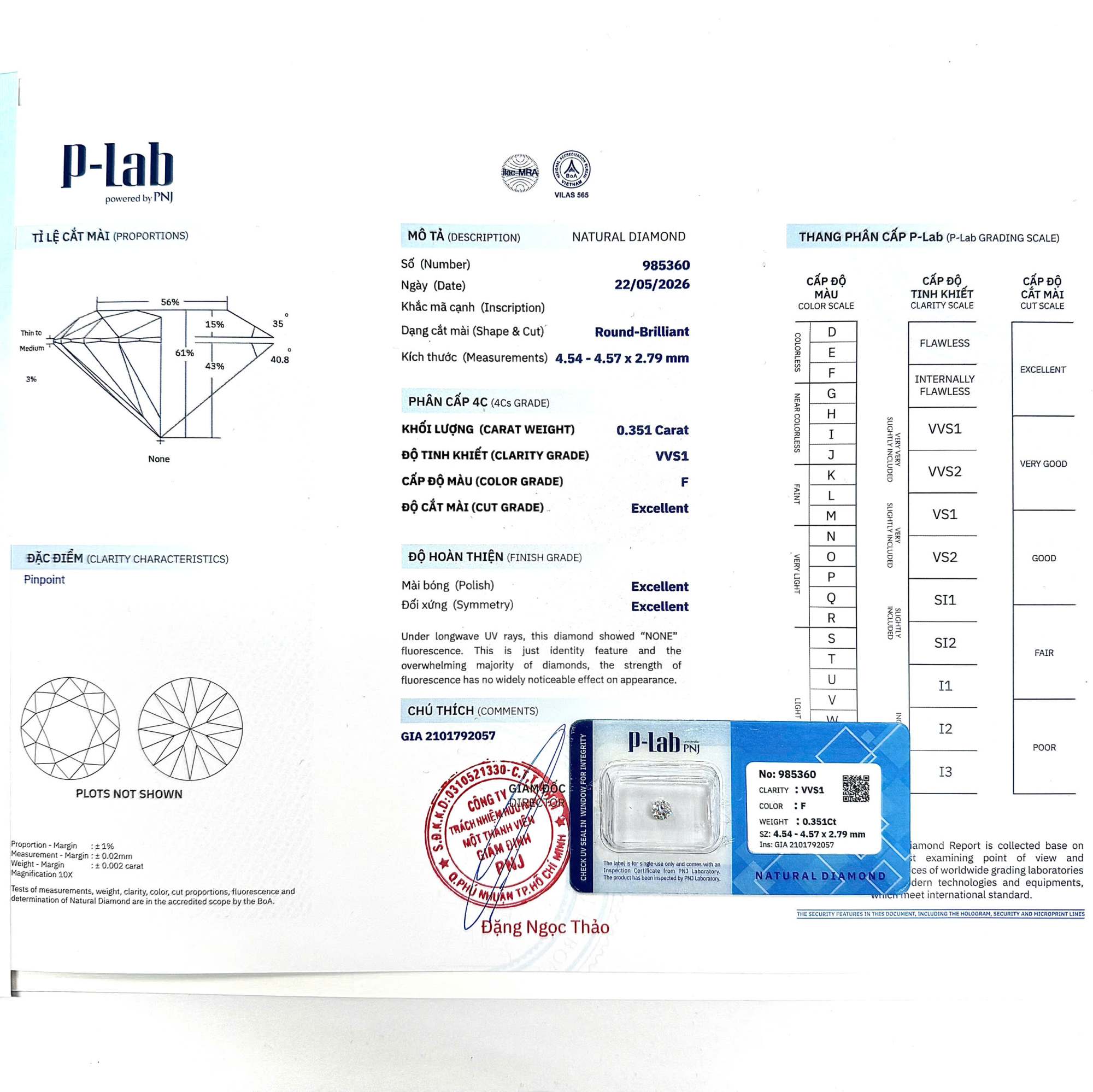 Kim cương viên 4.54 - 4.57 F VVS1 P-LAB DDD4018099 - Ảnh 3