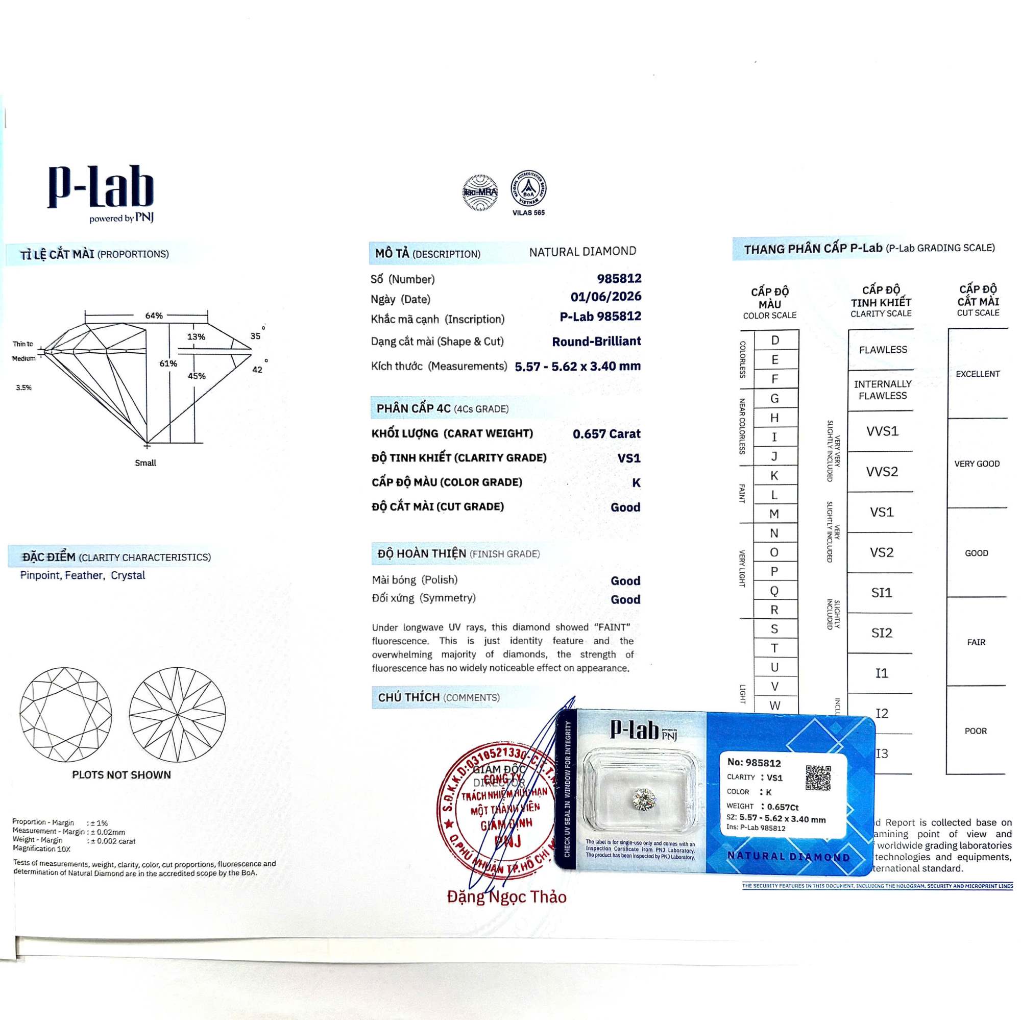 Kim cương viên 5.57 - 5.62 K VS1 P-LAB DDD4018186 - Ảnh 3