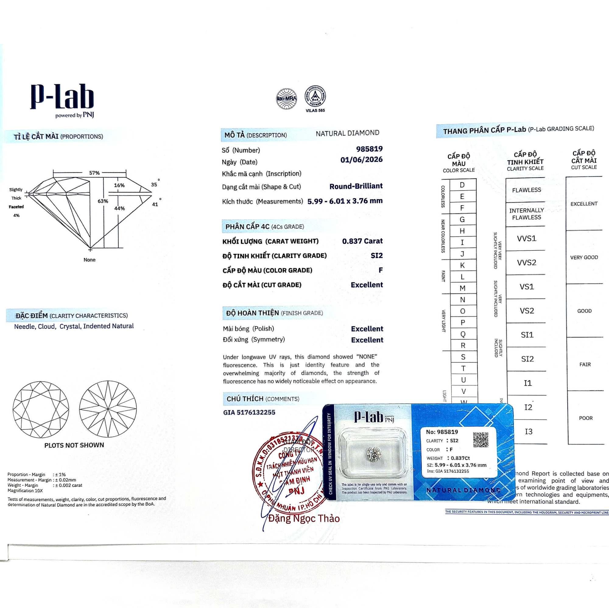 Kim cương viên 5.99 - 6.01 F SI2 P-LAB, GIA DDD4018237 - Ảnh 4