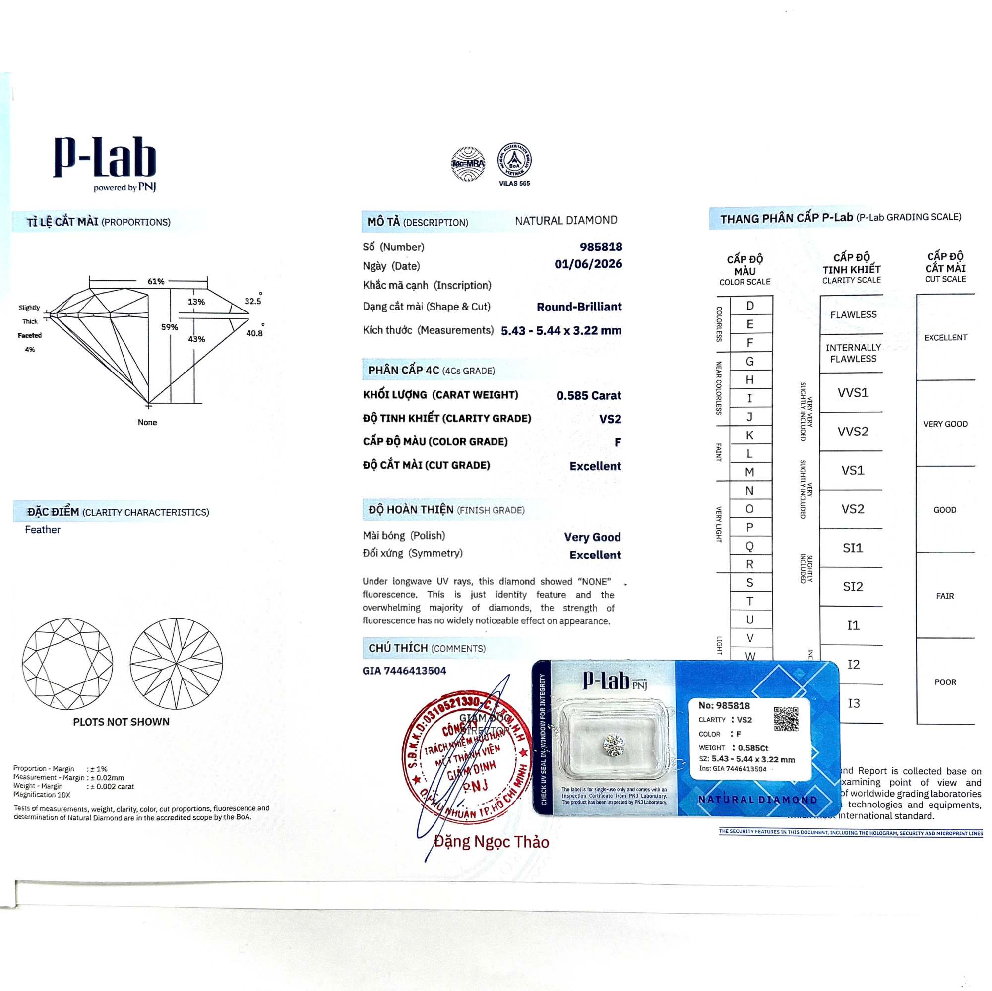 Kim cương viên 5.43 - 5.44 F VS2 P-LAB DDD4018250 - Ảnh 3